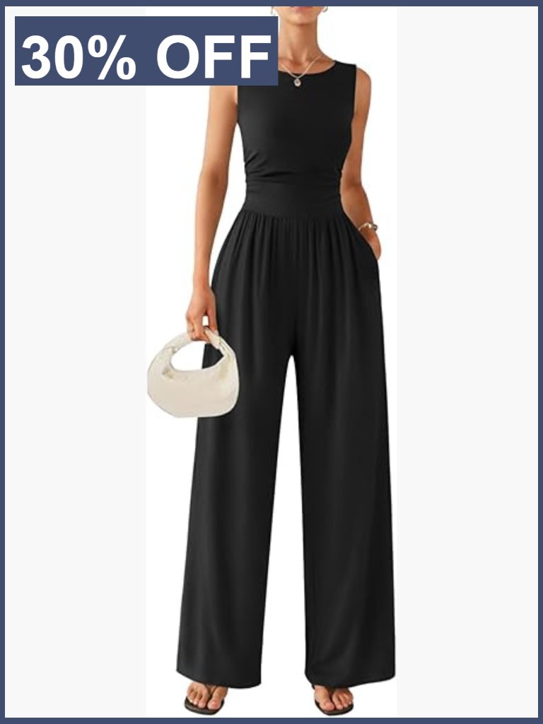 Wide Leg Jumpsuit With Pockets Sleeveless Round Neck Casual Romper